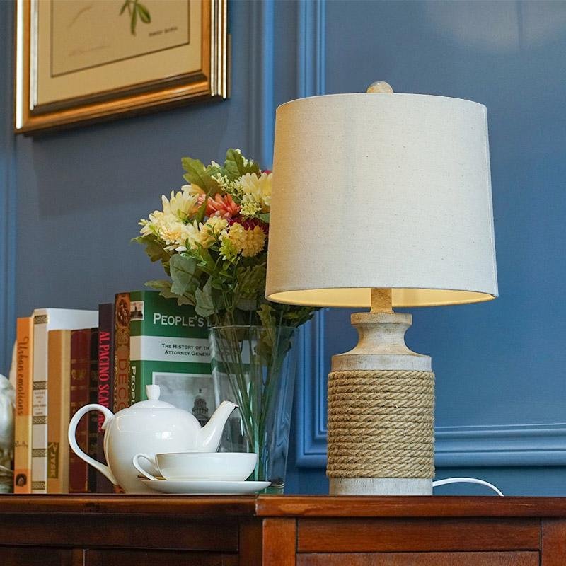 Rustic Oatmeal Fabric Shade Rope Stone Table Lamp - Farmhouse Lighting for Cozy Decor
