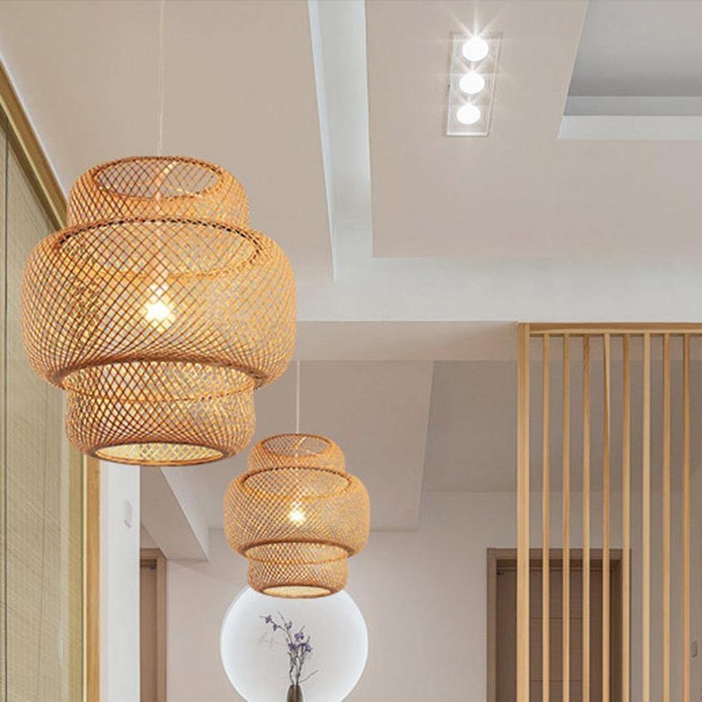 3-Tier Bamboo Woven Pendant Light - Rustic 1-Light Cylinder Fixture for Living Room