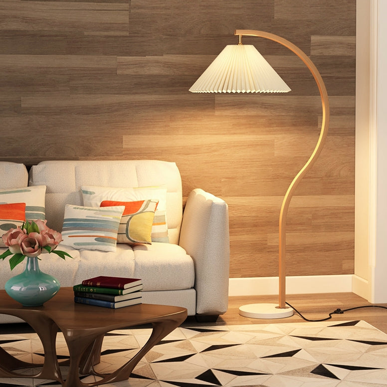 Modern Minimalist Pleated Fabric & Curved Iron 1-Light Floor Lamp for Living Room