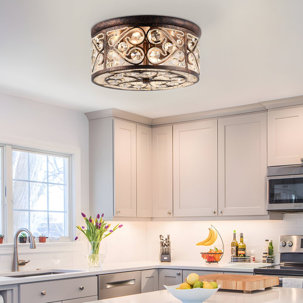 13" Bronze Crystal Flush Mount Ceiling Light - American Design, Elegant Lighting, Home Decor, Modern Fixture, Indoor Illumination, Luxurious Crystal Accent