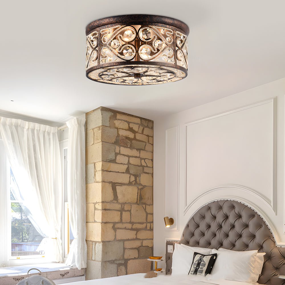 13" Bronze Crystal Flush Mount Ceiling Light - American Design, Elegant Lighting, Home Decor, Modern Fixture, Indoor Illumination, Luxurious Crystal Accent