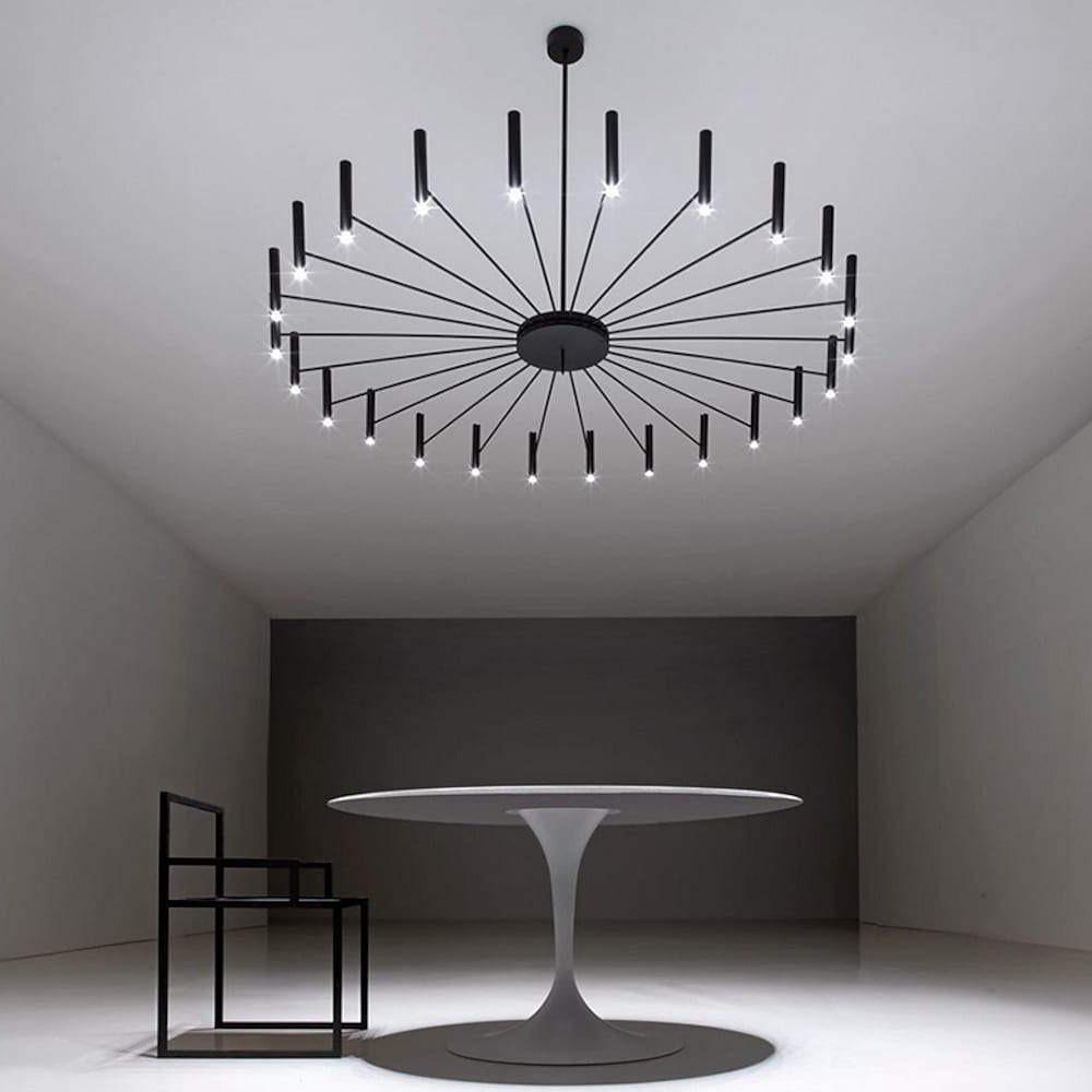 Modern 24-Light Round Chandelier - 63'' Dia, Adjustable Height, Black Finish, LED Lighting