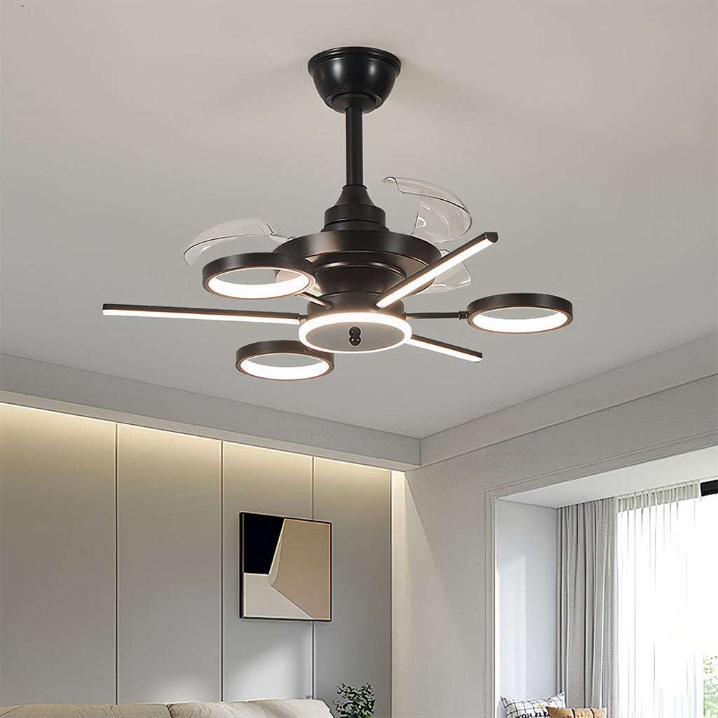 French Vintage Black Iron 3-Blade Ceiling Fan with Multiple Lights