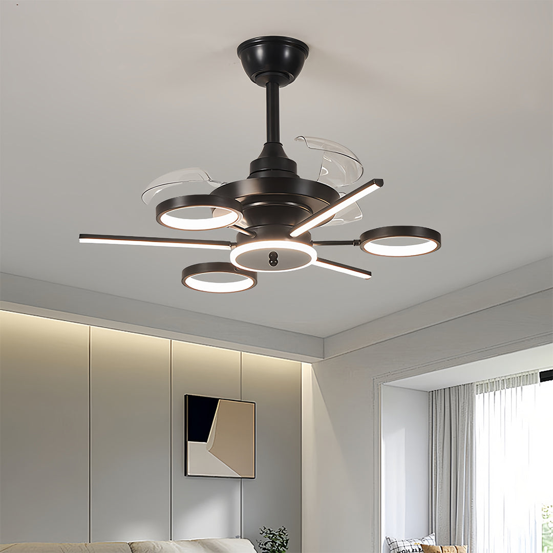 French Vintage Black Iron 3-Blade Ceiling Fan with Multiple Lights