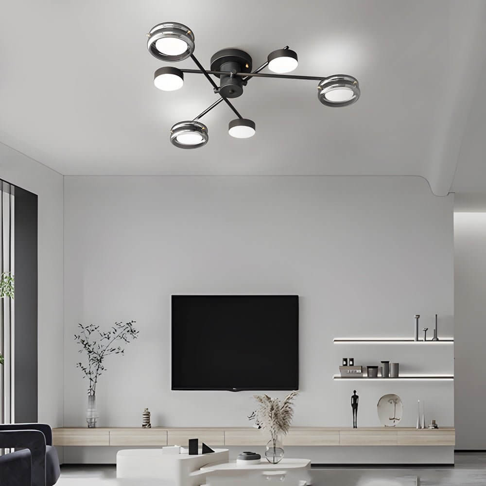 Artistic Multi-Head Matte Black Copper Semi-Flush Mount Ceiling Light