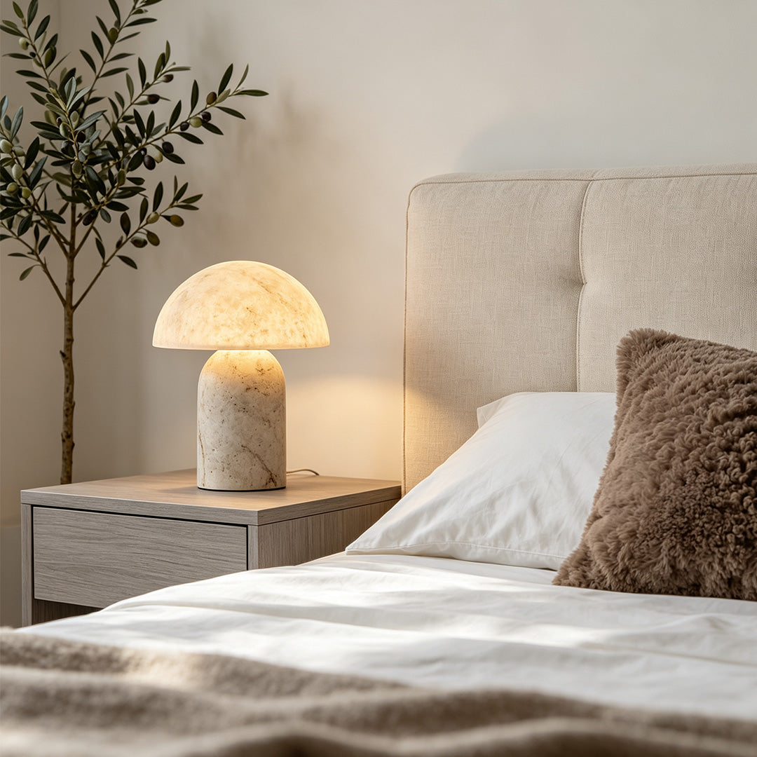 White Contemporary Japanese Stone-Texture Table Lamp - Modern Lighting for Home Decor, Minimalist Design, Stylish Bedside Lamp, Unique Accent Lighting, Chic Room Illumination.