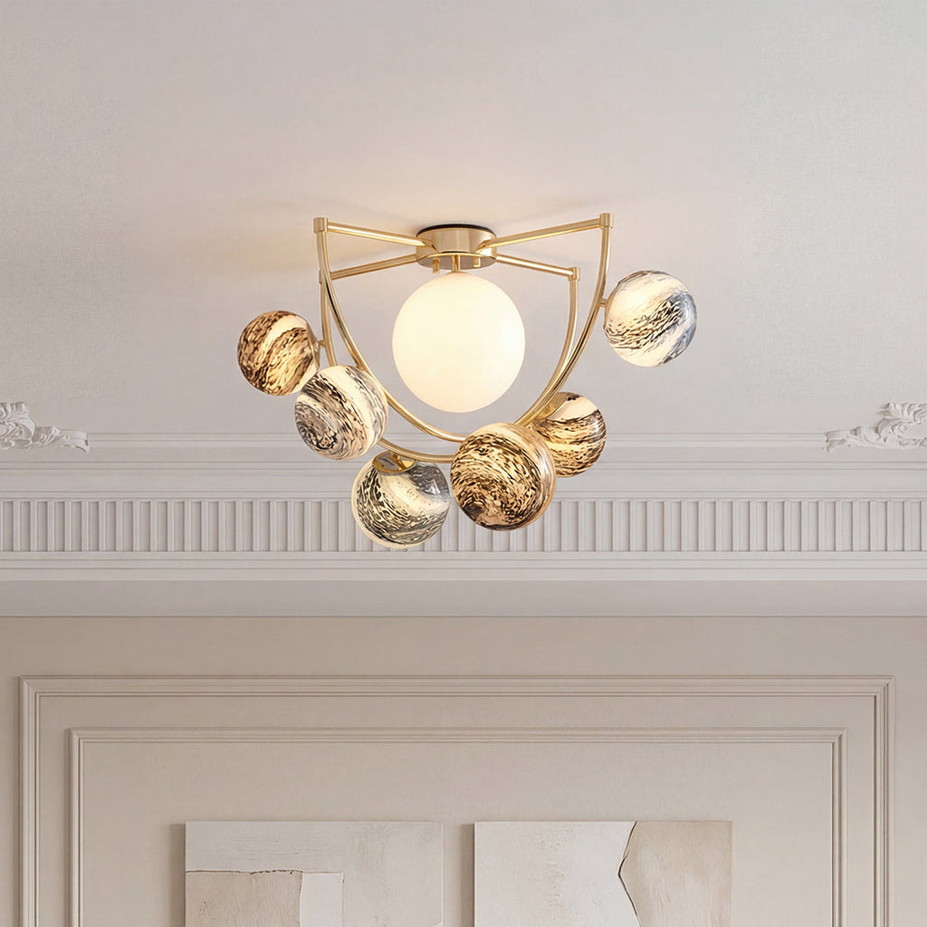 Gold Semi Flush Ceiling Light - Minimalist Planet Art Design, Modern Lighting Fixture for Home Decor