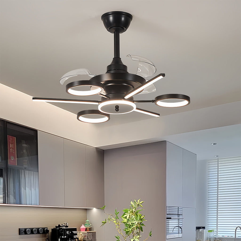 French Vintage Black Iron Ceiling Fan with 3 Blades and Multiple Lights