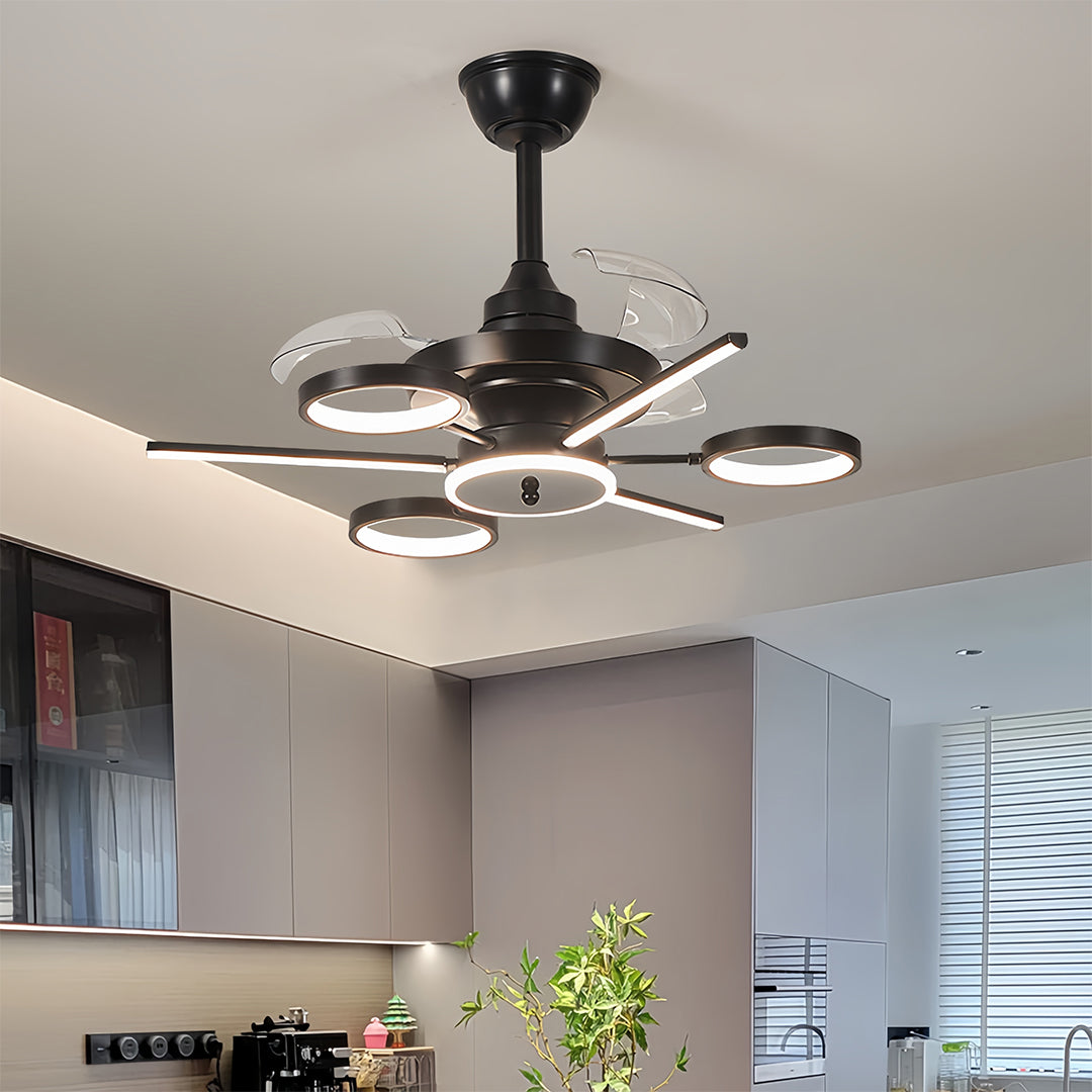 French Vintage Black Iron 3-Blade Ceiling Fan with Multiple Lights