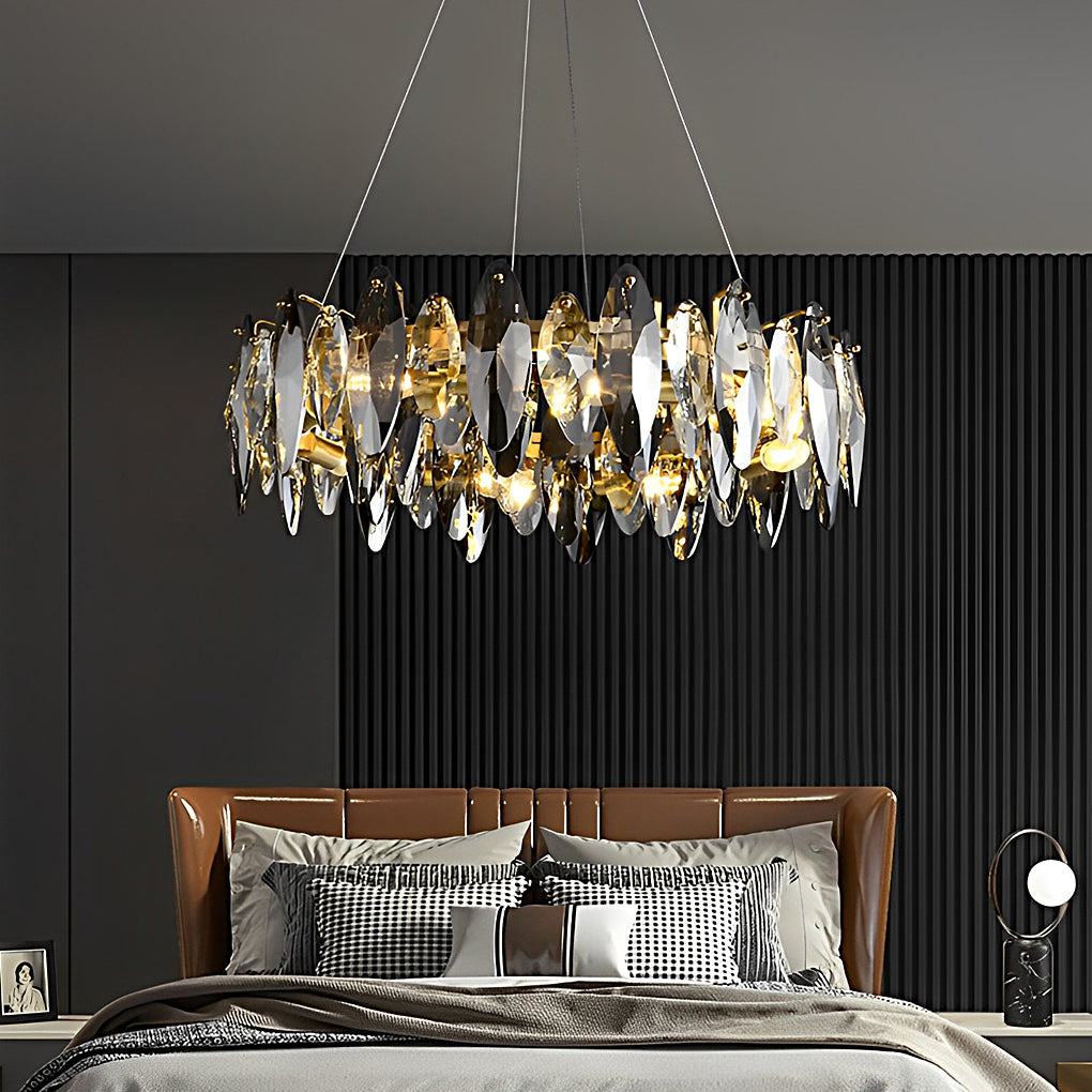 Round Iron LED Crystal Chandelier Smoke Gray Modern Oval Light