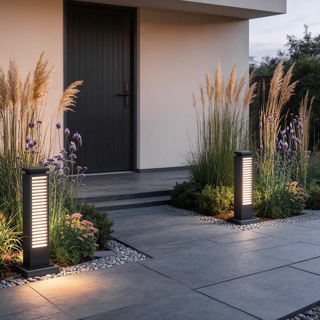 Black Stainless Steel LED Bollard Light - Louvered Outdoor Lighting