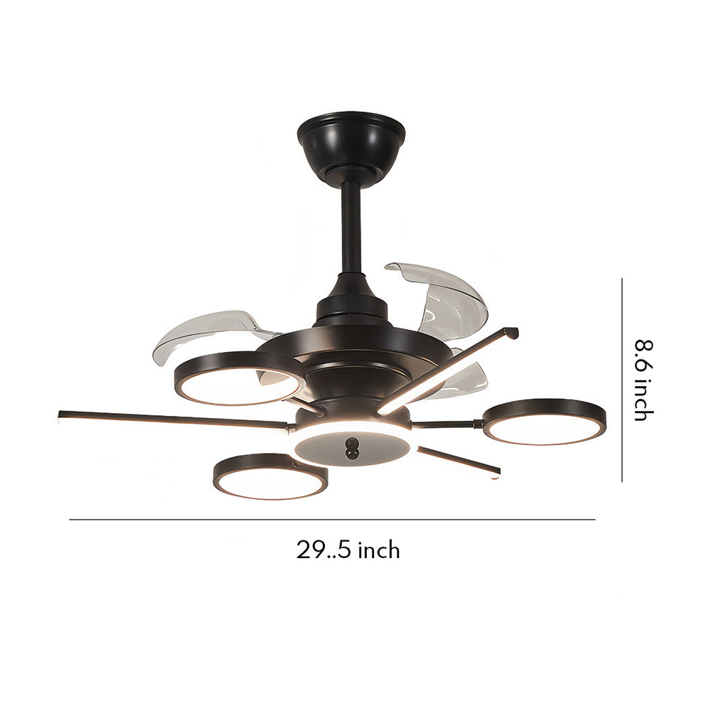 French Vintage Black Iron Ceiling Fan with 3 Blades and Multiple Lights
