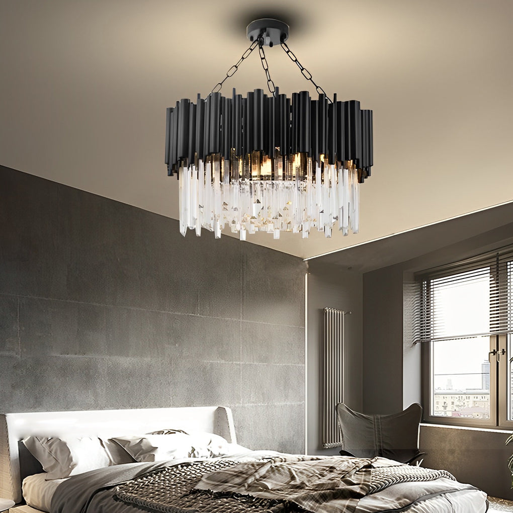 Black Metal Crystal Chandelier Round Ceiling Light Modern Decor