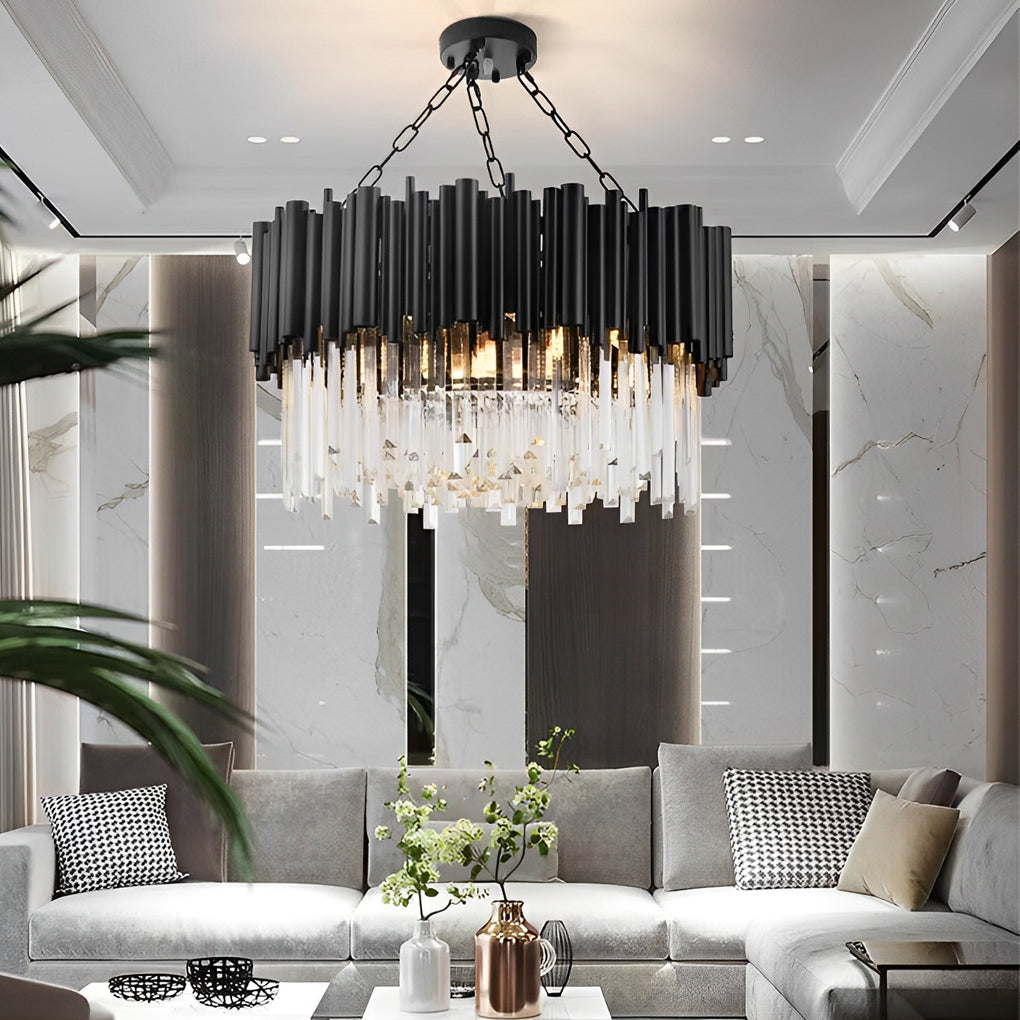 Black Metal Crystal Chandelier Round Ceiling Light Modern Decor