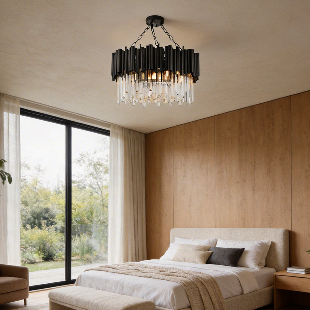 Black Metal Crystal Chandelier Round Ceiling Light Modern Decor
