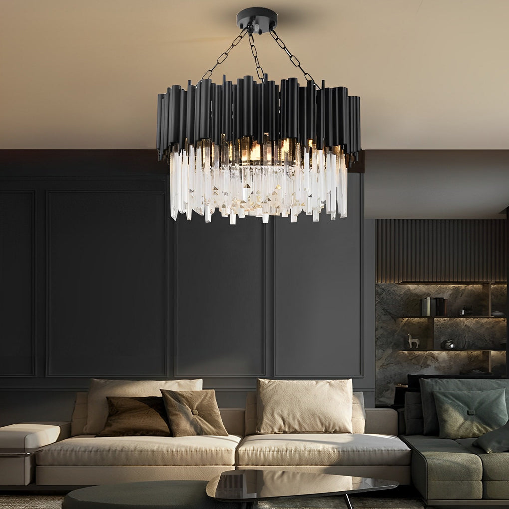 Black Metal Crystal Chandelier Round Ceiling Light Modern Decor