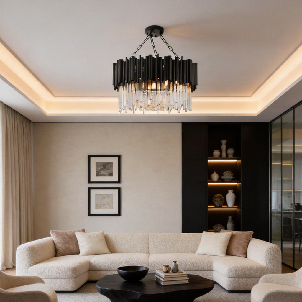Black Metal Crystal Chandelier Round Ceiling Light Modern Decor