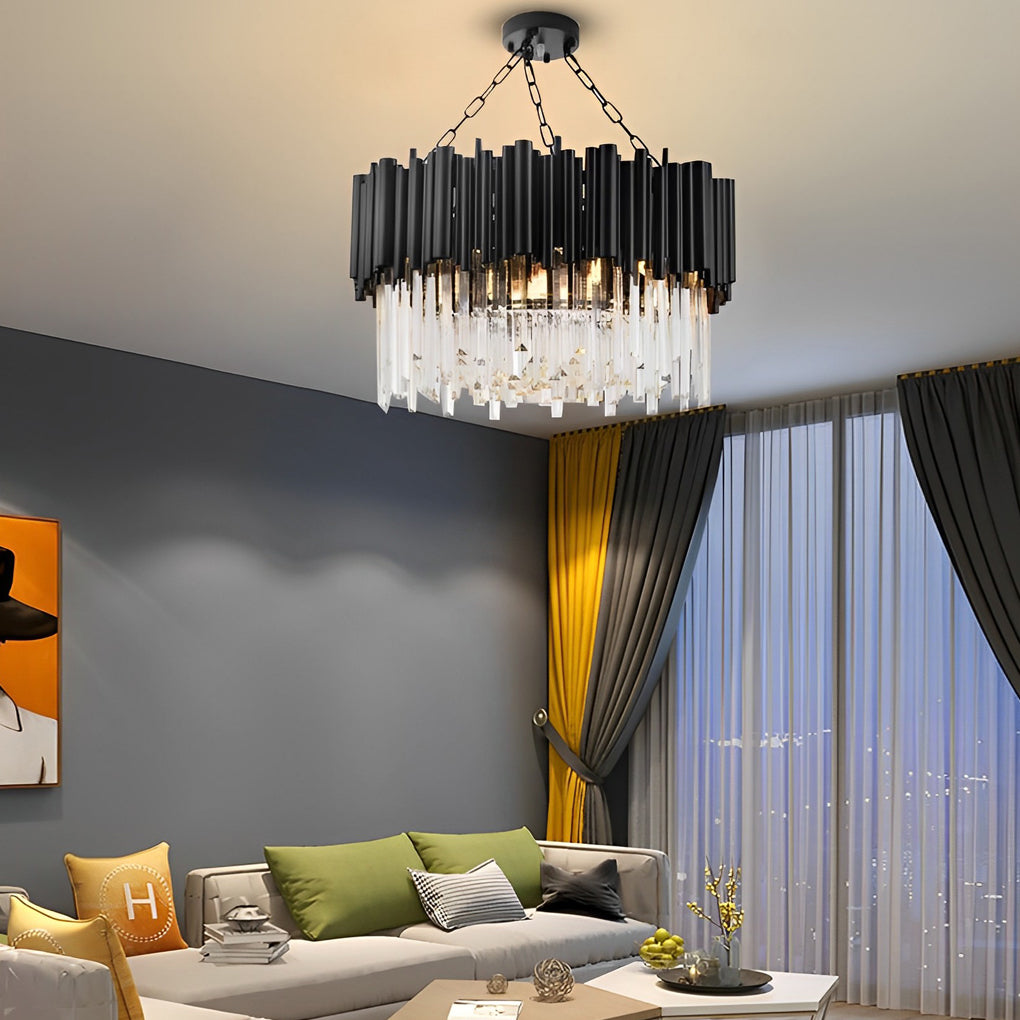 Black Metal Crystal Chandelier Round Ceiling Light Modern Decor