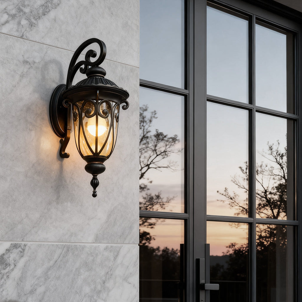 Black Outdoor Lantern Sconce - Modern Waterproof Glass Light