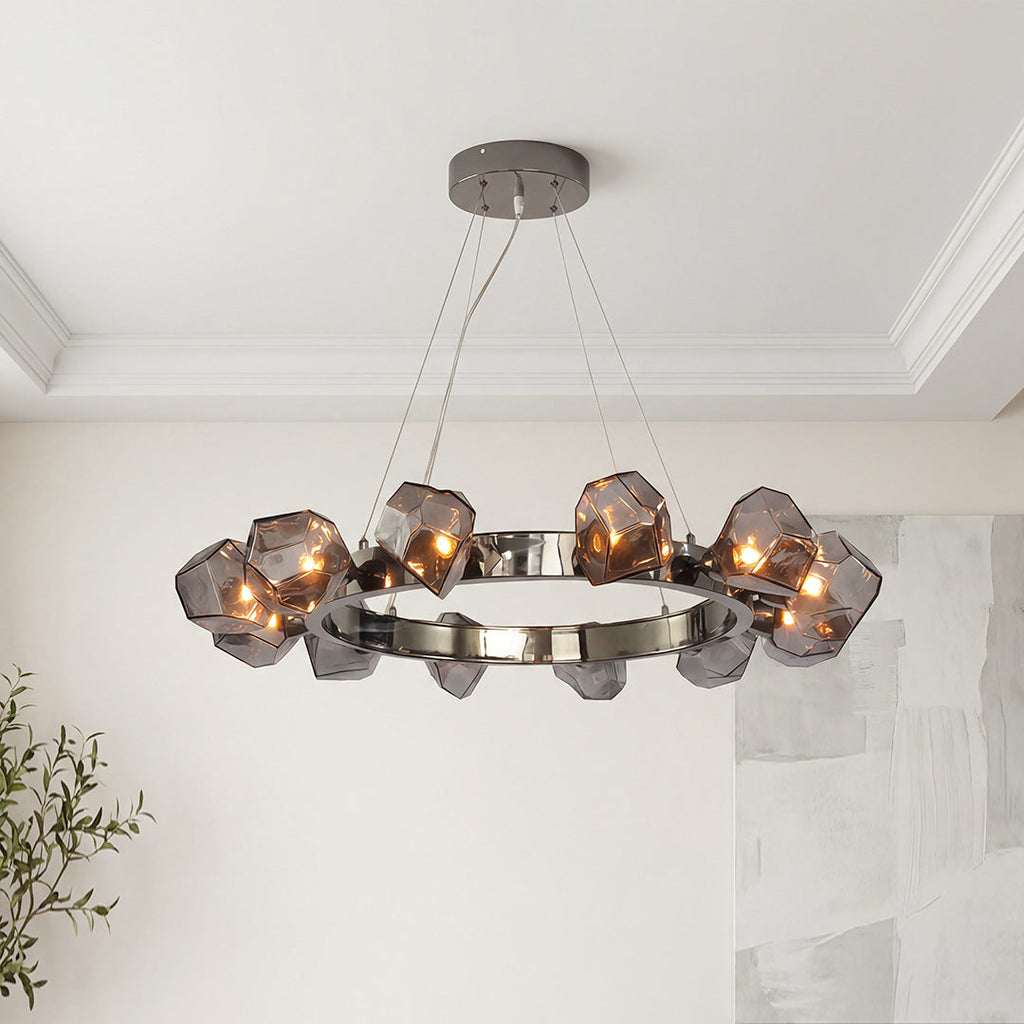 Black Round Chandelier with Geometric Glass Shades Ceiling Light