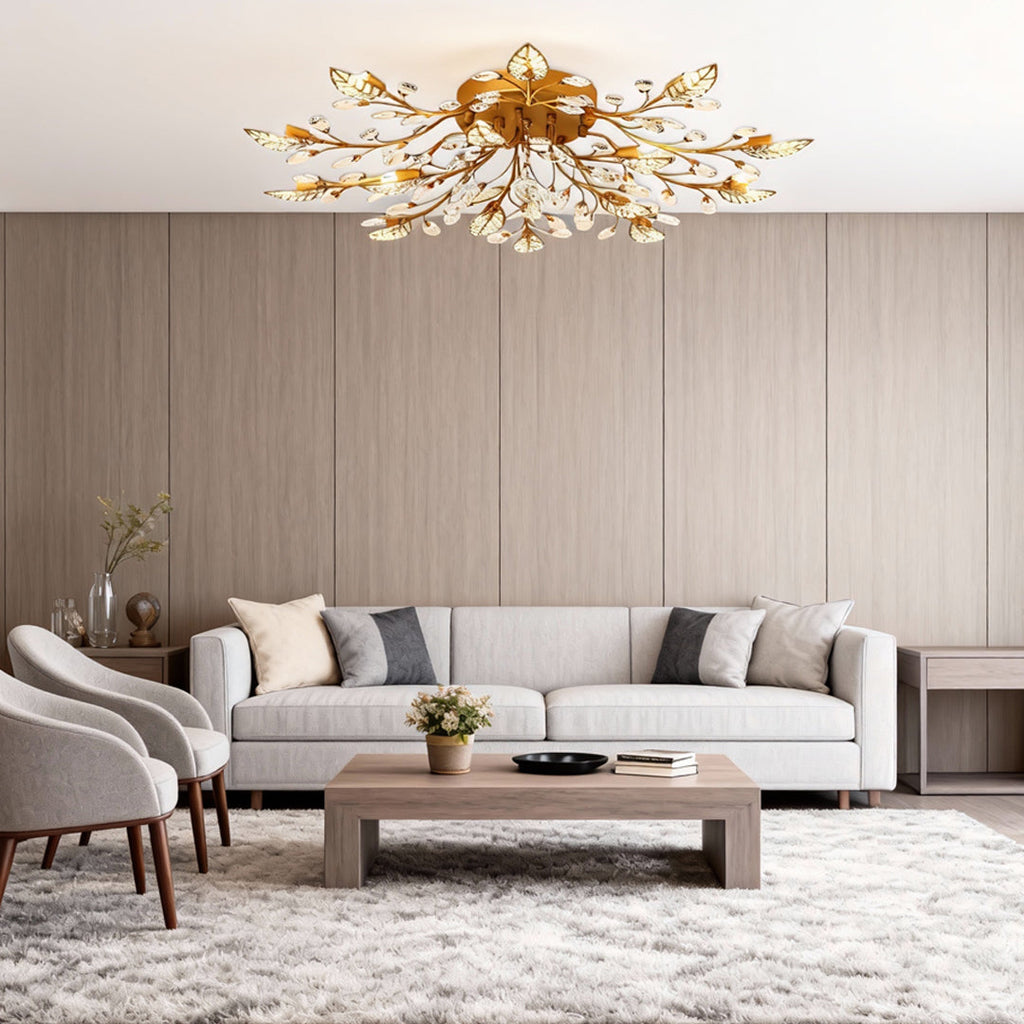 Brass Branch Chandelier - Modern Crystal Leaf Ceiling Light
