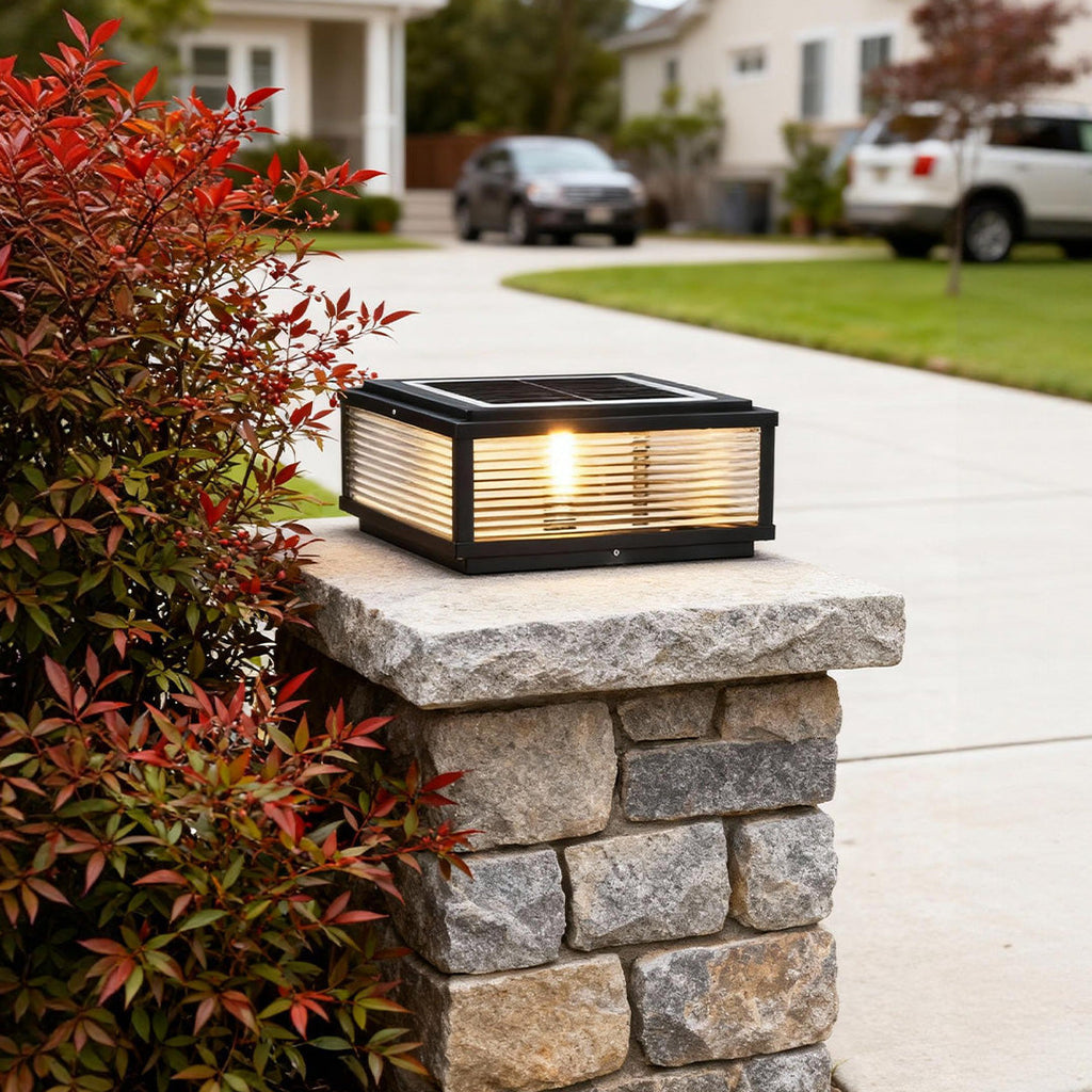 Square Ribbed Glass Metal Outdoor Light - Modern Pillar Fixture