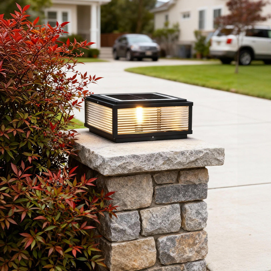 Square Ribbed Glass Metal Outdoor Light - Modern Pillar Fixture
