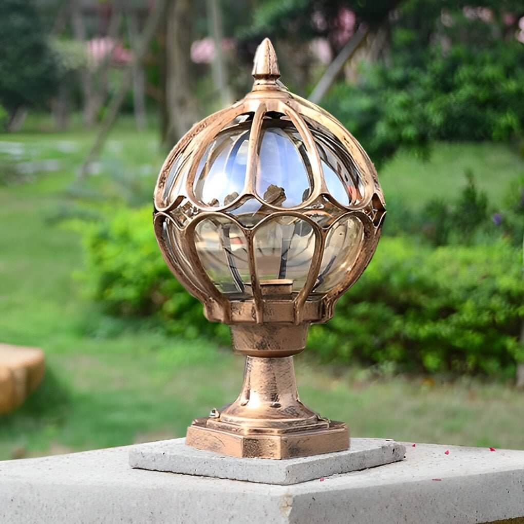 Outdoor Retro Glass Globe Copper Pillar Light