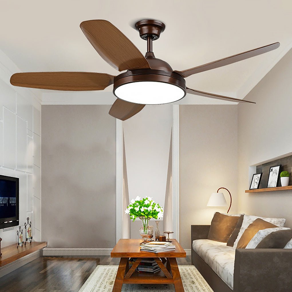 Brown Ceiling Fan with Light - Industrial Real Wood Blades