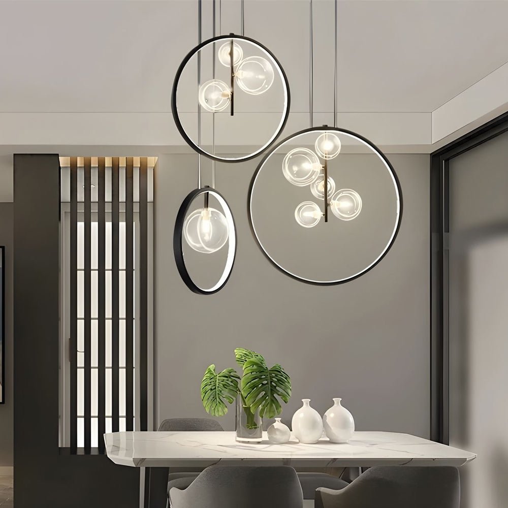 Vertical Ring Pendant Light - Black Bubble Glass LED Fixture