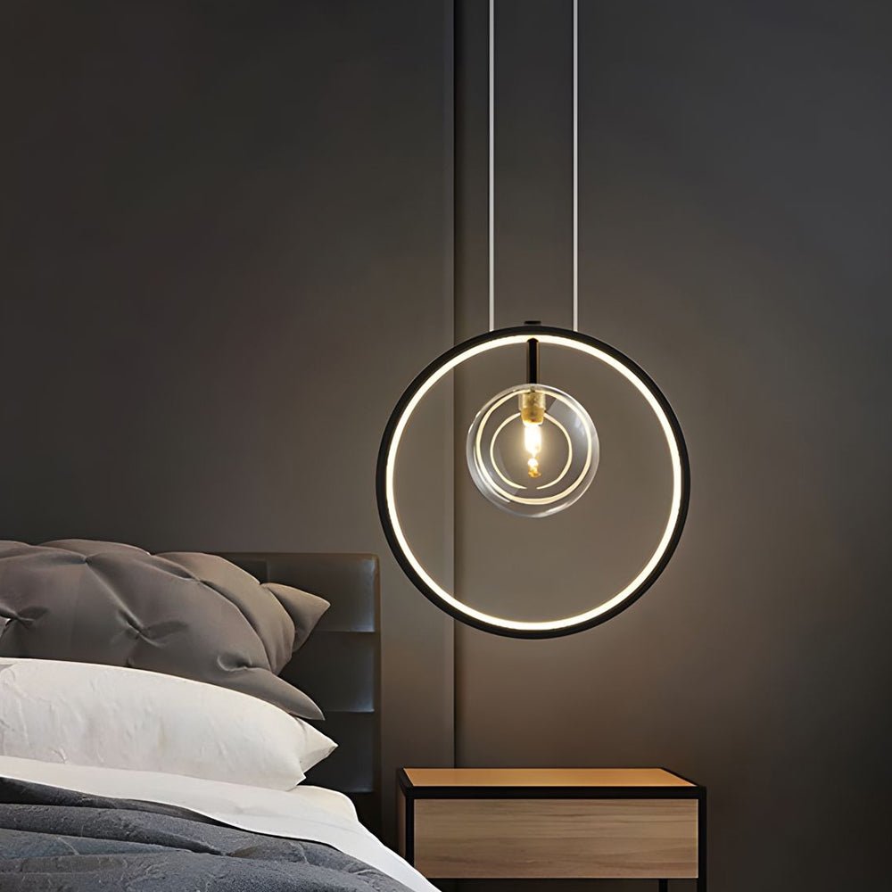Vertical Ring Pendant Light - Black Bubble Glass LED Fixture