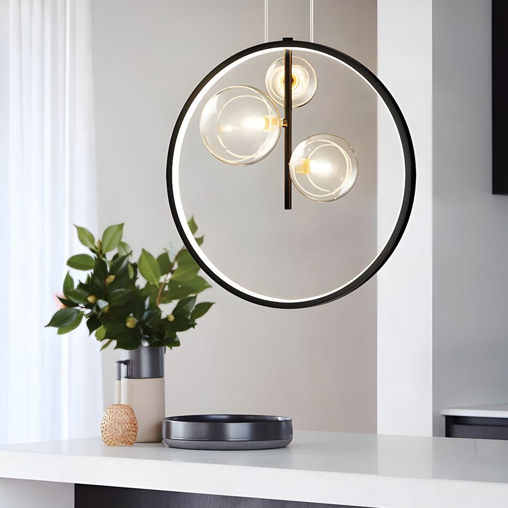Vertical Ring Pendant Light - Black Bubble Glass LED Fixture
