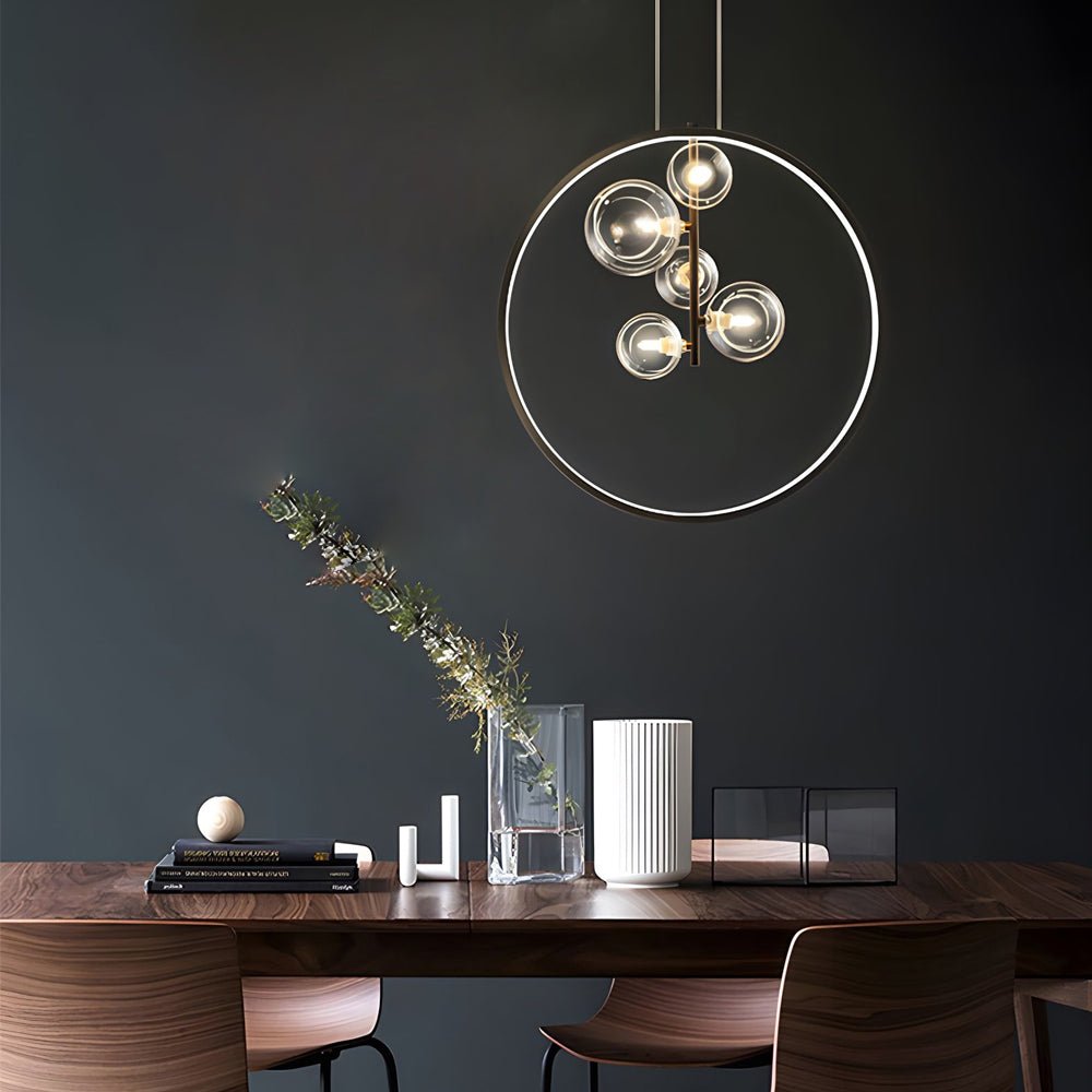 Vertical Ring Pendant Light - Black Bubble Glass LED Fixture