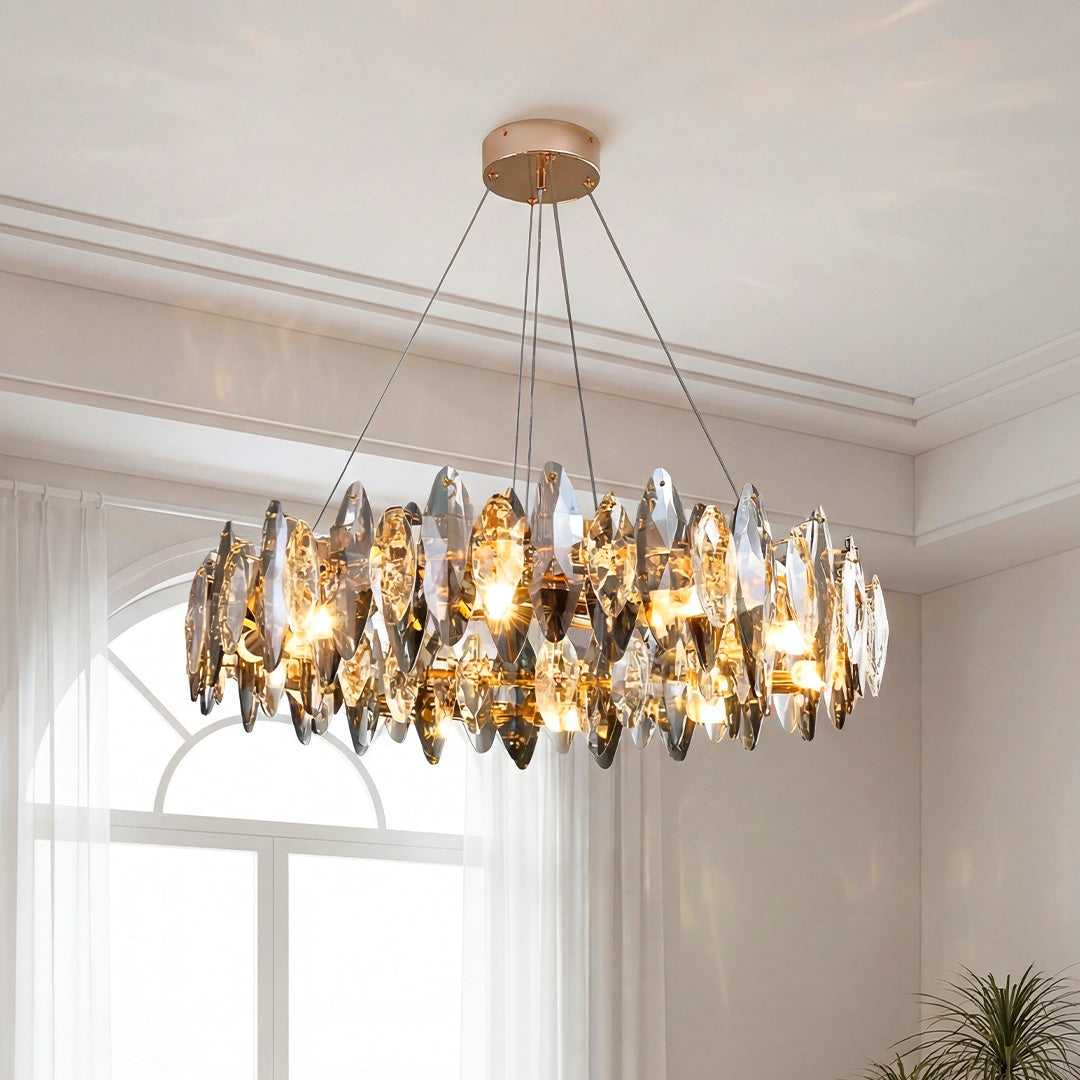Round Iron LED Crystal Chandelier Smoke Gray Modern Oval Light