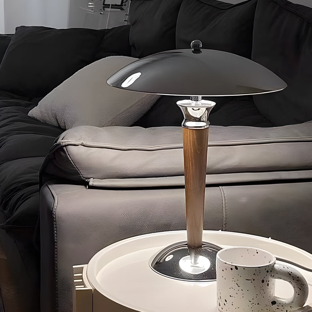 Chrome Mushroom Lamp with Retro Umbrella Design – Wooden Rod Accent Lighting