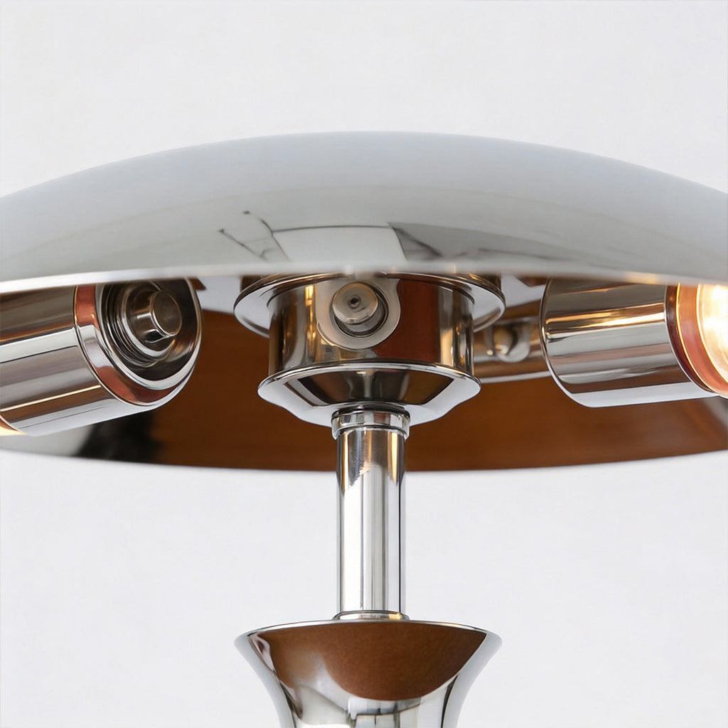 Chrome Mushroom Lamp with Retro Umbrella Design – Wooden Rod Accent Lighting