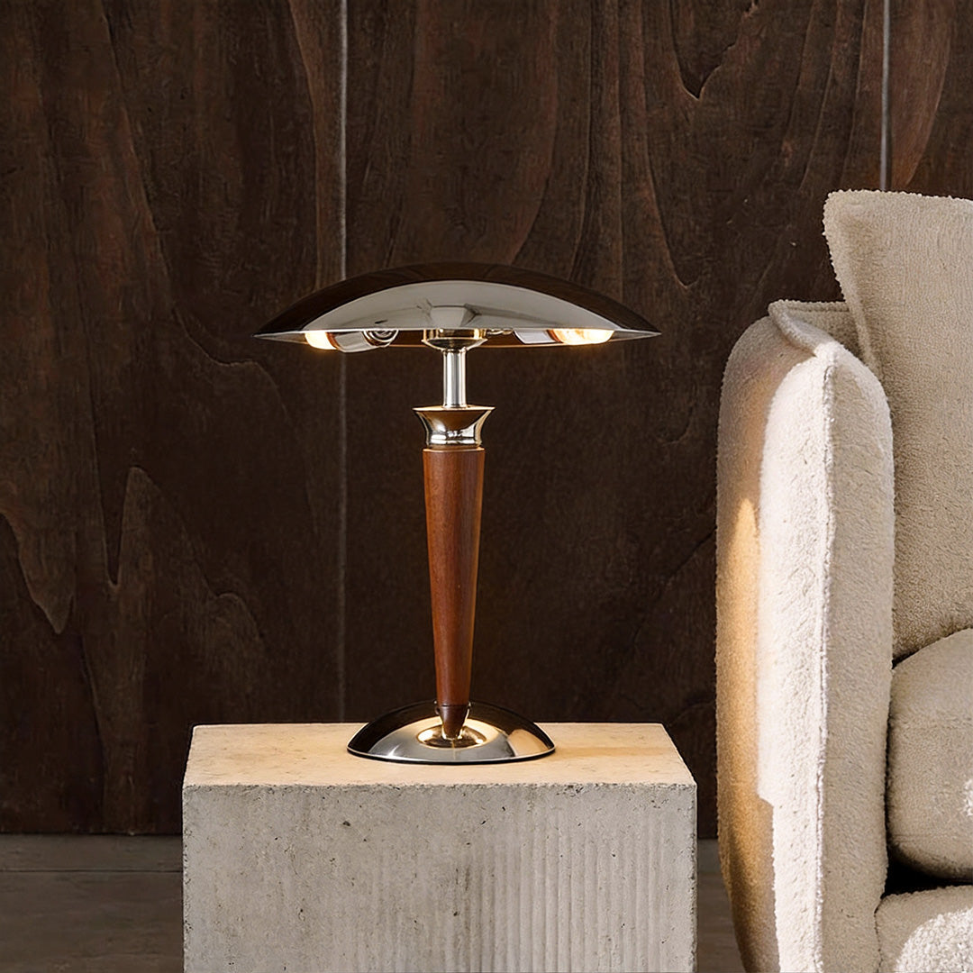 Chrome Mushroom Lamp with Retro Umbrella Design – Wooden Rod Accent Lighting