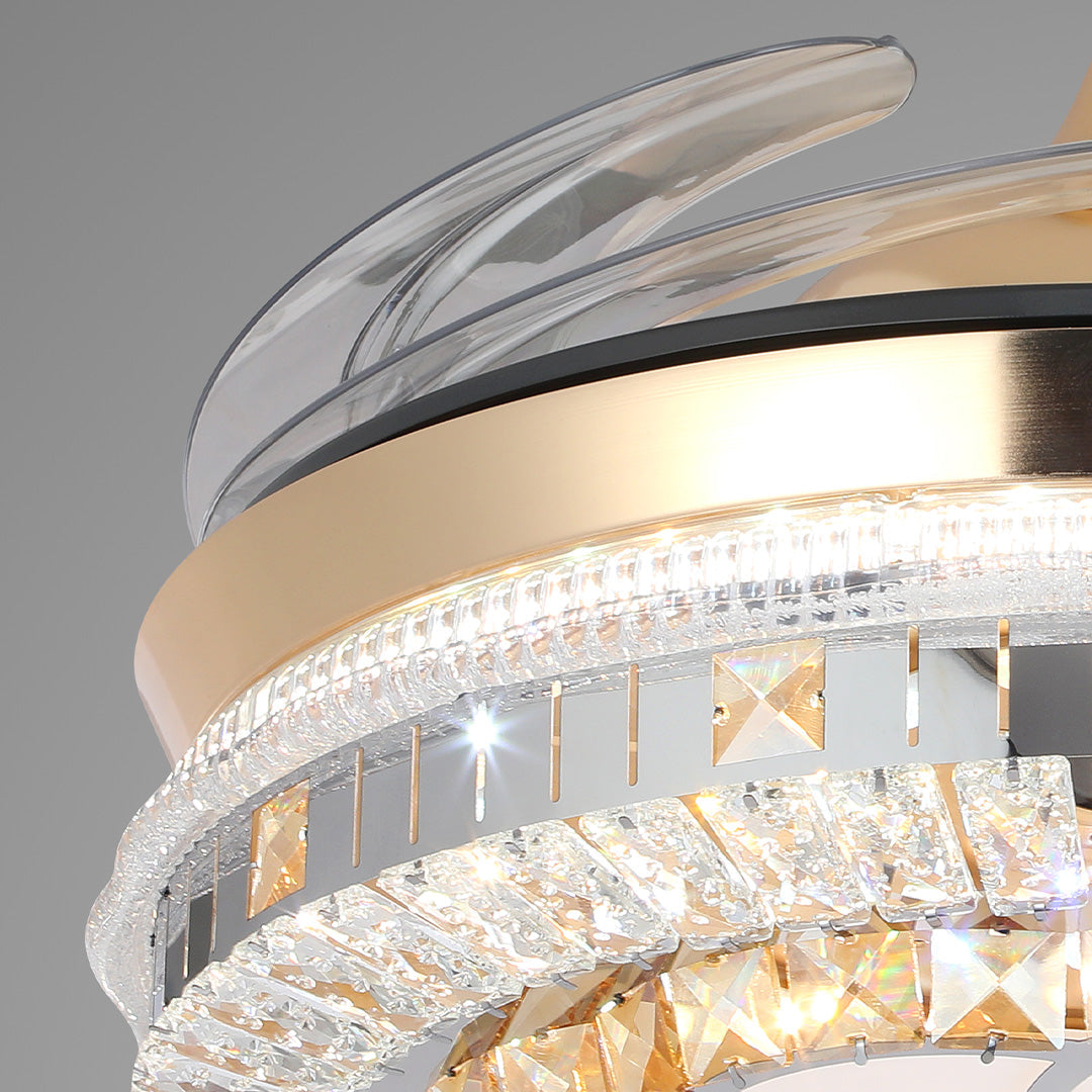 Gold Crystal Ceiling Fan Light – 4-Blade Invisible Lamp