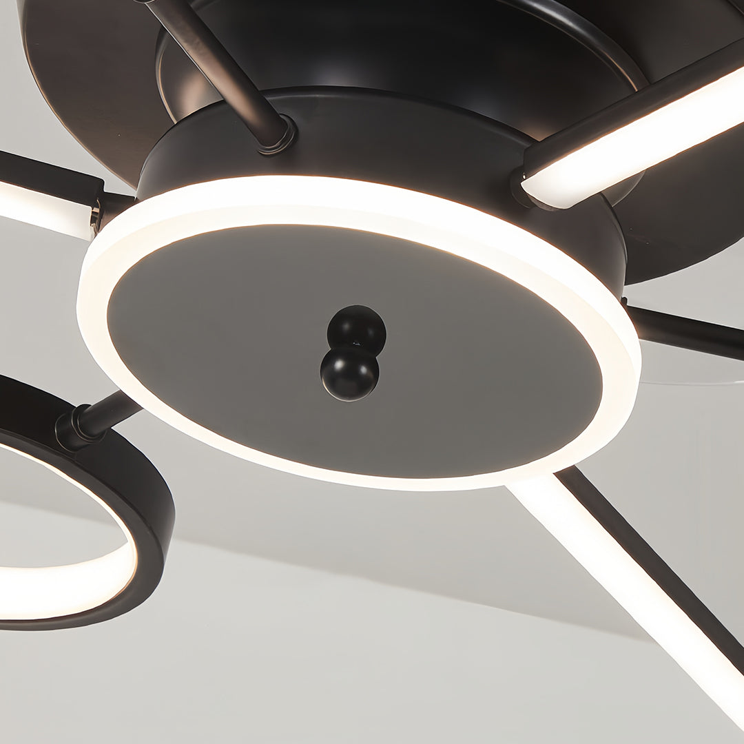 French Vintage Black Iron Ceiling Fan with 3 Blades and Multiple Lights