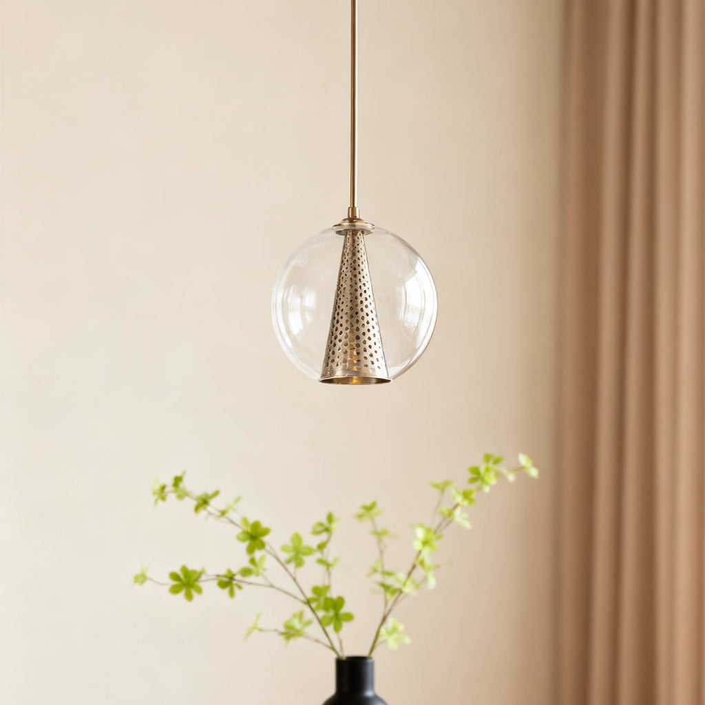 Glass Ball Pendant Light - Perforated Metal Cone Ceiling Fixture, Chic Modern Lighting