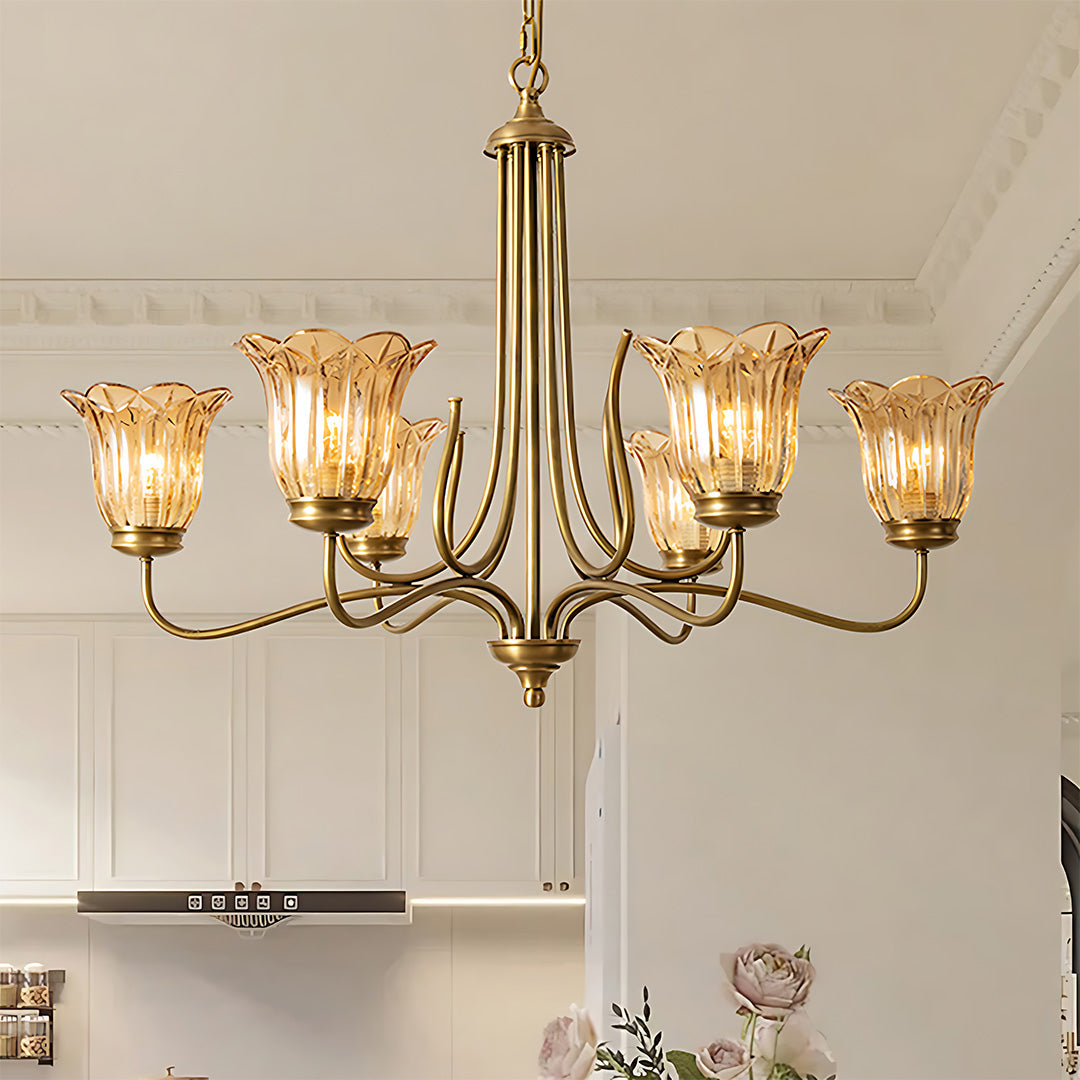 Vintage Gold Glass Chandelier - Copper Ceiling Light Fixture