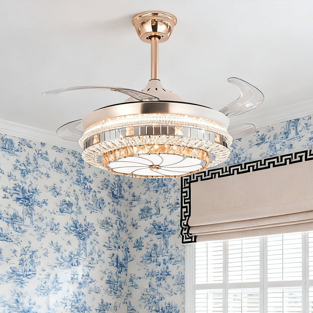 Gold Crystal Ceiling Fan Light – 4-Blade Invisible Lamp