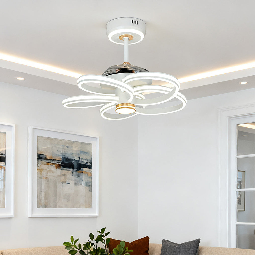 White Ceiling Fan Light with Variable Frequency Iron Art Design