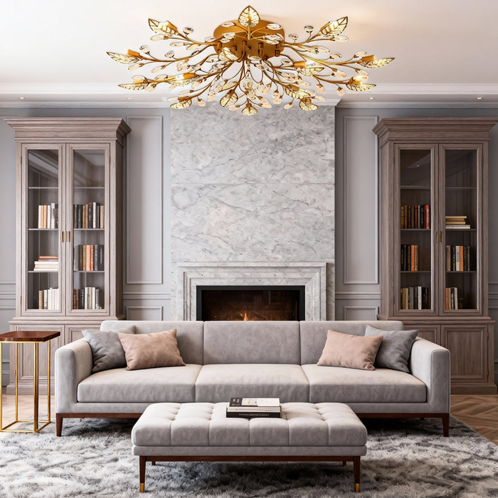 Brass Branch Chandelier - Modern Crystal Leaf Ceiling Light