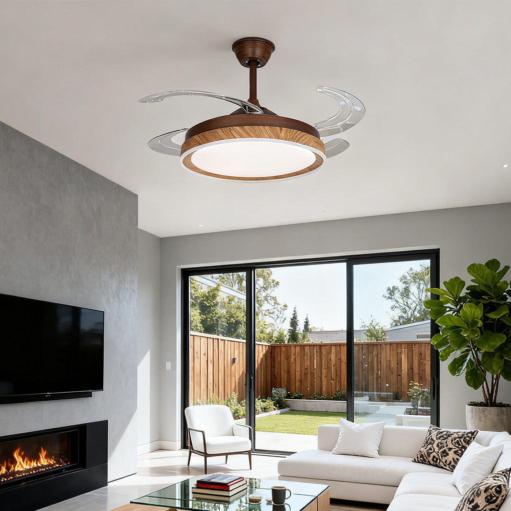 Ceiling Fan with 4 Lights - Walnut Wood Grain, Iron Body, Silent Operation