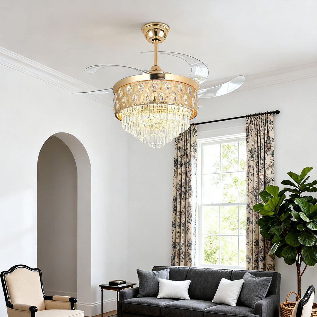 Luxury Gold Crystal Ceiling Fan with Pendant Light