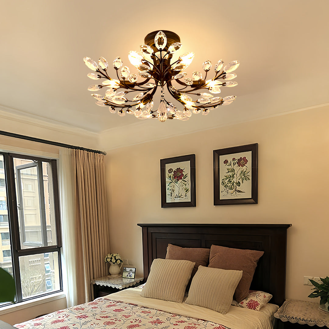 Crystal Semi Flush Ceiling Light - American Leaf Chandelier - Elegant Home Lighting - Modern Decorative Fixture - Luxury Ceiling Lamp - Stylish Dine Room Lighting - Durable Crystal Design