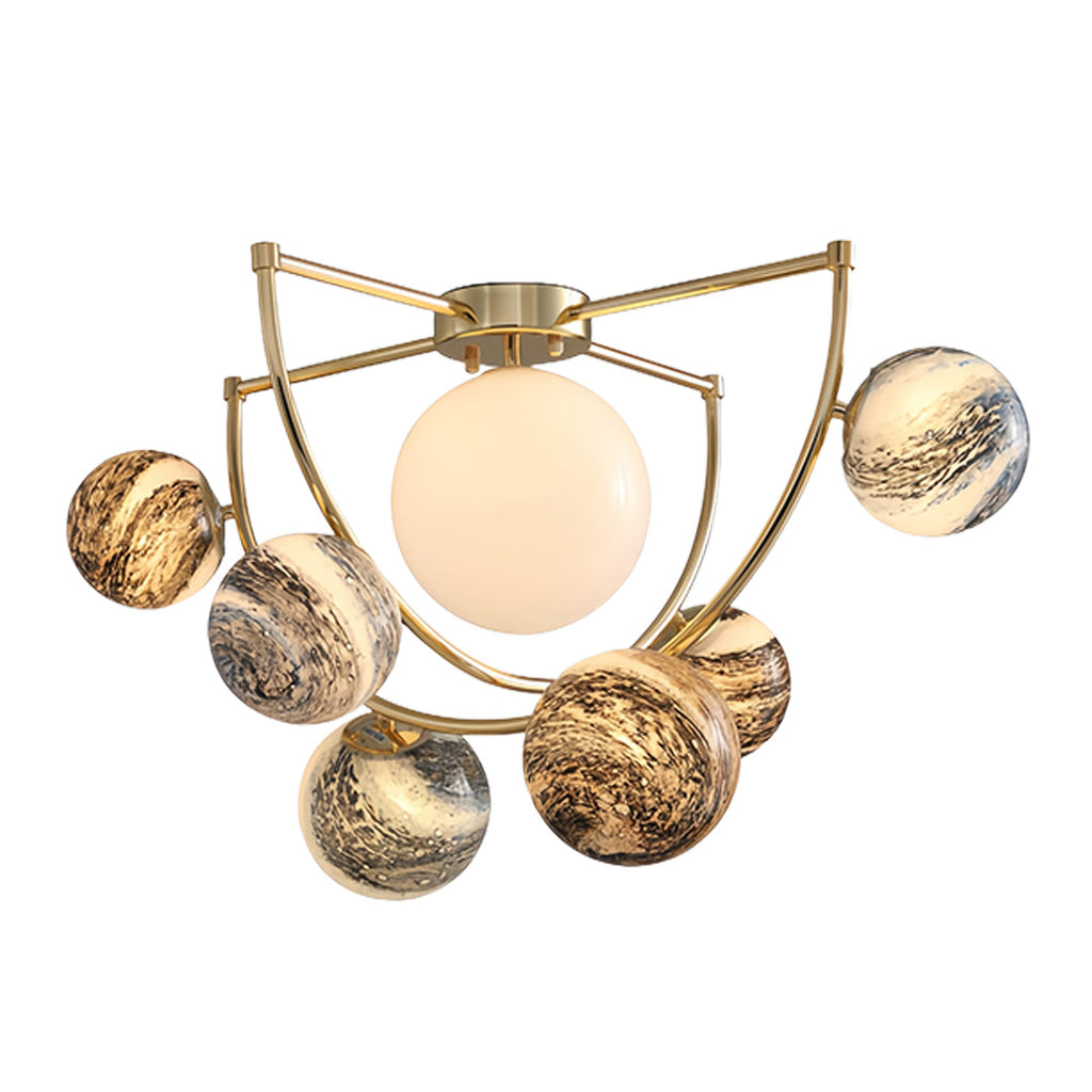 Gold Semi Flush Ceiling Light - Minimalist Planet Art Design, Modern Lighting Fixture for Home Decor