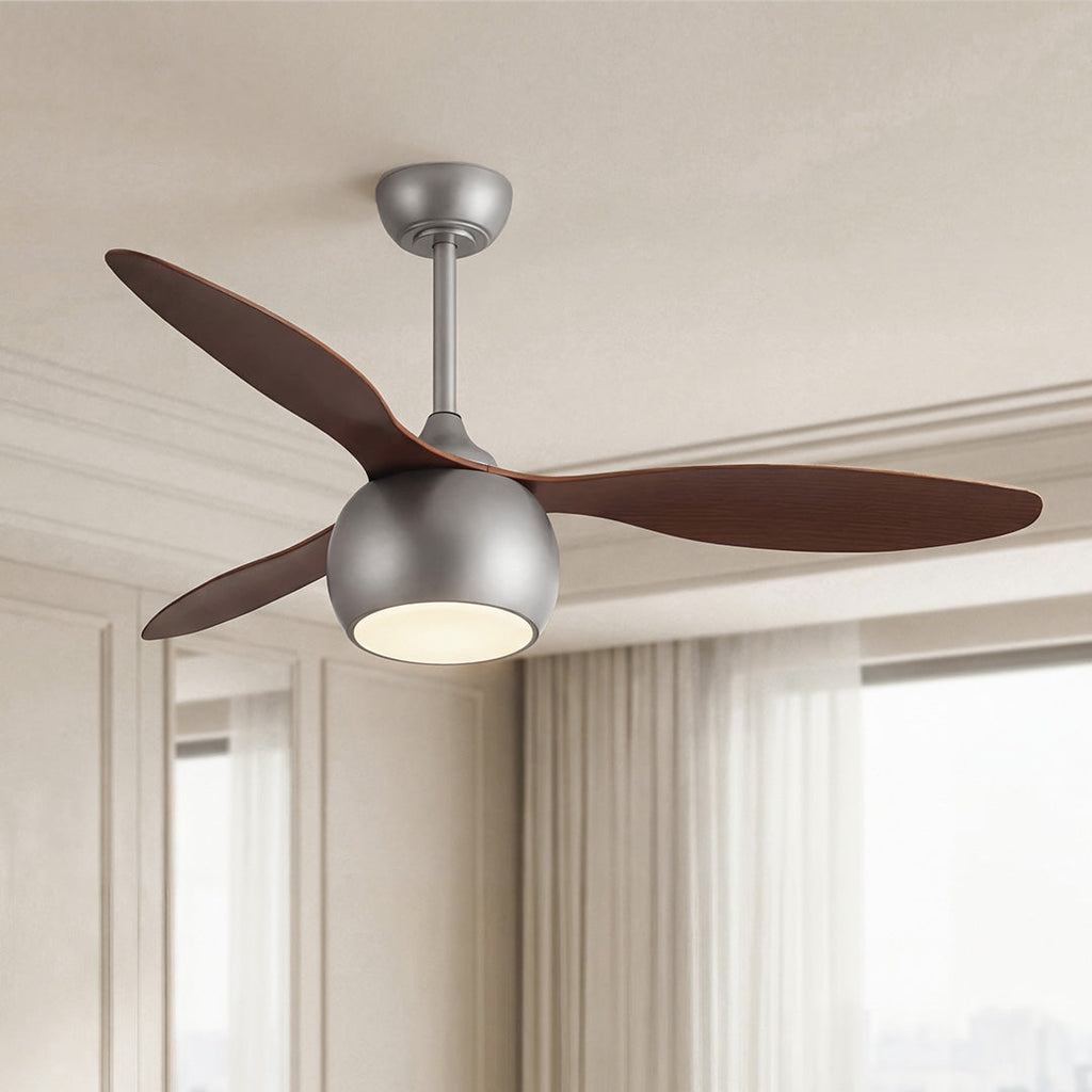 Silver Ceiling Fan with Light Wood Grain LED Light