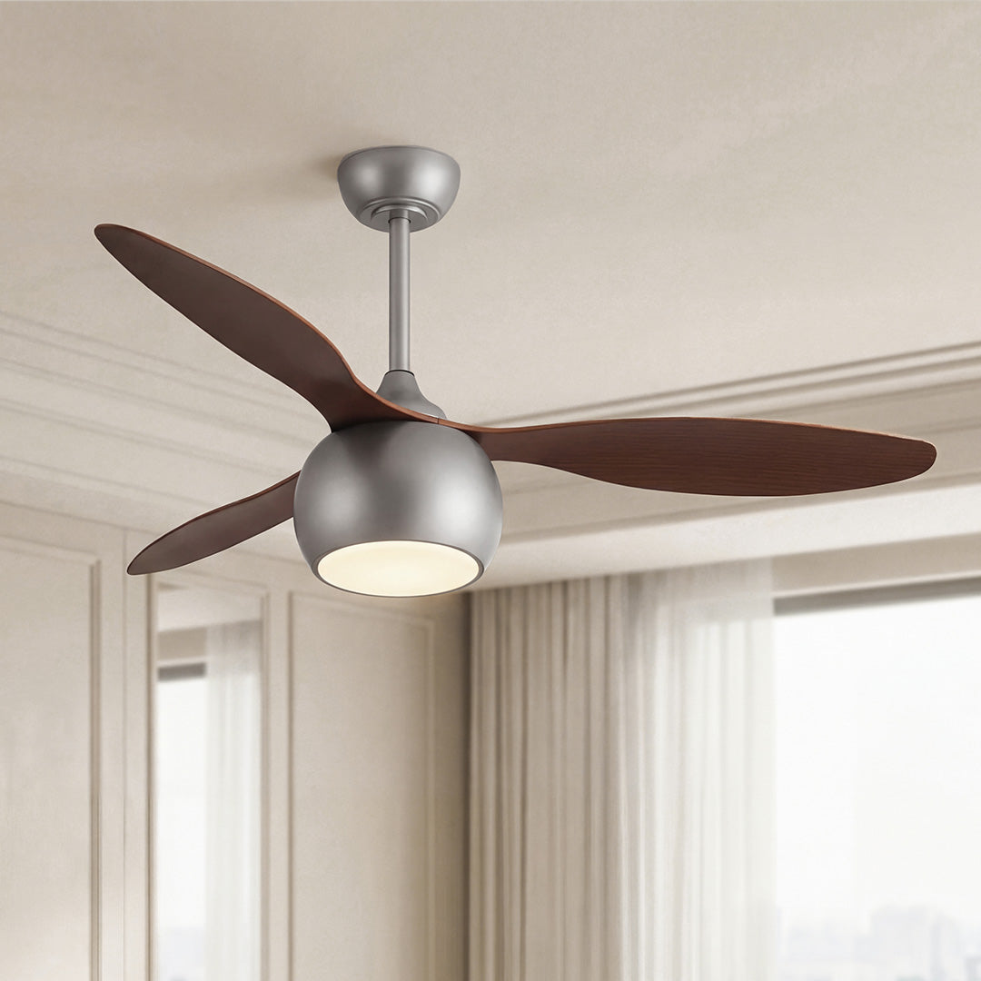 Silver Ceiling Fan with Light Wood Grain LED Light